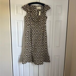 Anthropologie Brown & White Geometric Cap-Sleeve Midi Dress